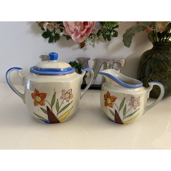 1950's Vintage Japanese Porcelain Lusterware 2 Piece Tea Set Floral Design Great - Picture 1 of 16